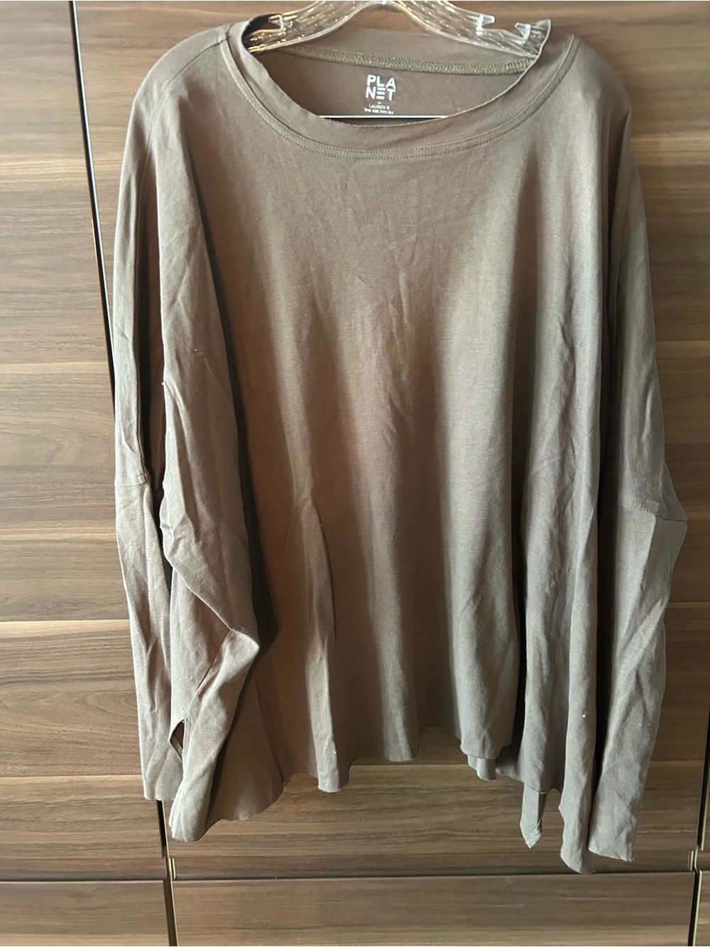 PLA NET Taupe Long Sleeve Crewneck Tee - Women's Relaxed Fit